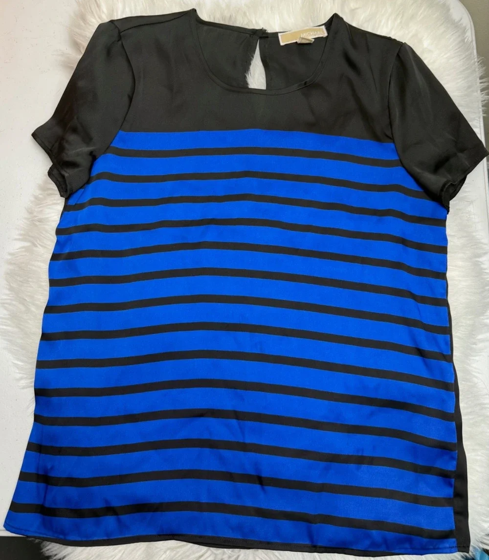 Michael Michael Kors Blue Black Stripe Blouse Medium Short Sleeve Colorblock Top
